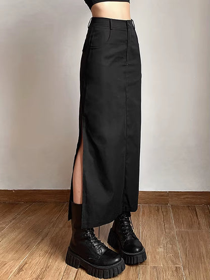 Grunge Casual Tag Split Women Midi Skirts Mall Gothic Punk High Raise Slim Long Skirt Y2K Sexy Fashion Streetwear 2023