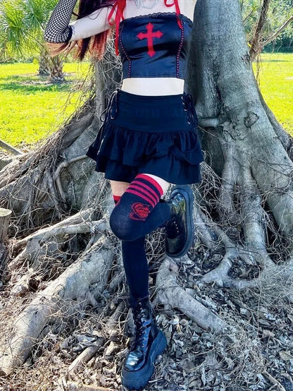 Y2K Gothic Cake Skirt Women Dark Punk Streetwear Bandage High Waist Skirt Harajuku Grunge Emo Alternative Clubwear Skirt