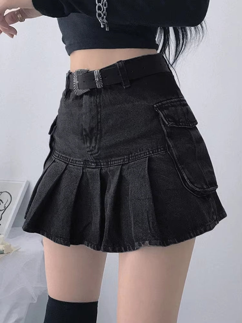 Harajuku Y2K Denim Skirt Women Dark Gothic Streetwear Mini Skirt with Skull Belt Mall Goth Punk Grunge Sexy Emo Clubwear