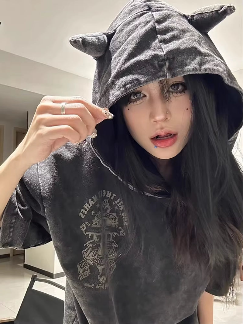 Harajuku Gothic Devil Horn T-Shirt Women Vintage Streetwear Cyber Punk Y2K Emo Printed Hole Short Sleeve Hooded Tee Tops