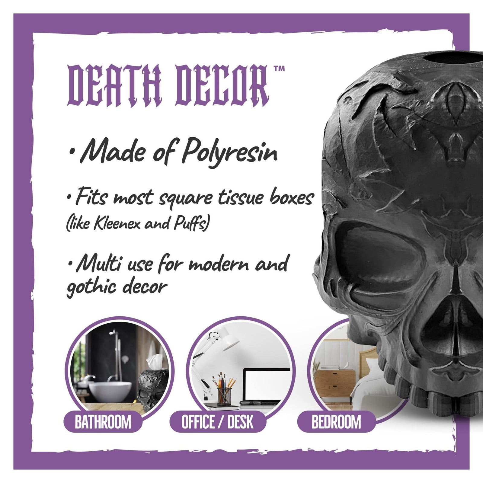 Skull Tissue Box Cover Square Black - Gothic Home Decor, Skull Gifts for Men ...