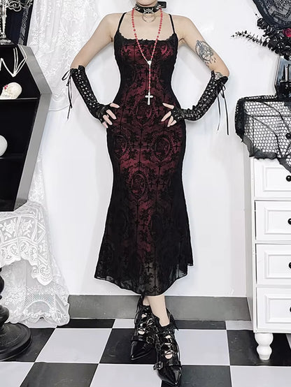 Vintage Elegant Goth Dress Women Sexy Streetwear Fairy Grunge Aesthetic Cross Pattern Spaghetti Strap Party Dress Female