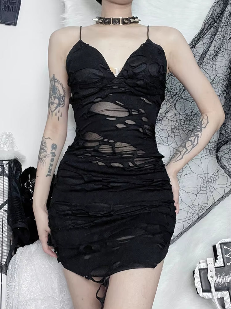 Punk Sexy Bodycon Dress Women Mall Gothic Streetwear Tattered Strapless Mini Dress Harajuku Y2K Emo Alt Clubwear Female