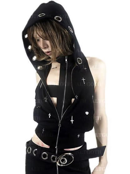 Streetwear Gothic Dark Vest Women Harajuku Y2K E-Girl Cyberpunk Cross Hooded Crop Tank Top Emo Alt Grunge Outfits Female