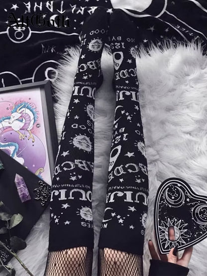Dark Magic Star Moon Printed Socks Women Gothic Punk Streetwear Mall Goth Harajuku Casual Retro Y2K Black Hosiery Female