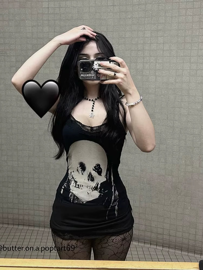 Cyber Punk Gothic Dress Women Streetwear Harajuku Skull Printed Sleeveless High Waist Bodycon Dress Grunge Rave Outfits