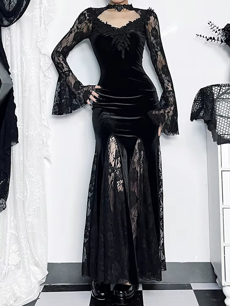 Aesthetic Gothic Midi Dress Women Vintage Elagnt Lace Patchwork See through Flare Sleeve High Waist Clubwear Dress Femme