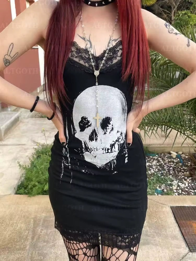 Cyber Punk Gothic Dress Women Streetwear Harajuku Skull Printed Sleeveless High Waist Bodycon Dress Grunge Rave Outfits
