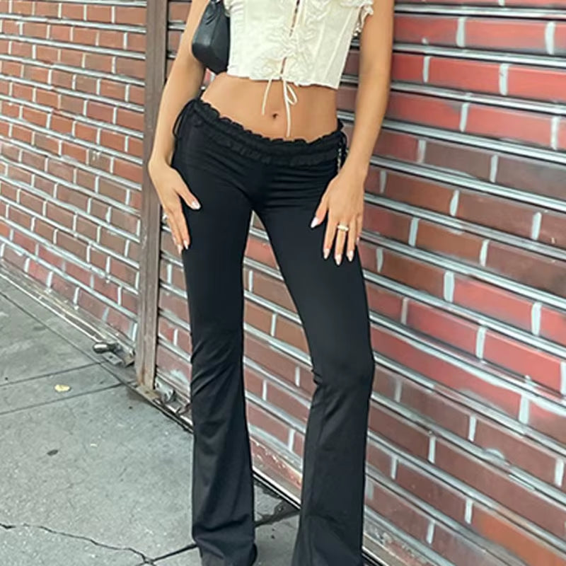 Y2K Ruffles Fairy Pant Sexy Women Pants Gothic Skinny Fashion Boot Cut Trousers Grunge Trim Bandage Streetwear Bottoms