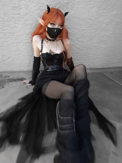 Harajuku Gothic Mesh Skirt Women Cyberpunk Y2K E-Girl High Waist Irregular Skirt Emo Alternative Indie Clubwear Female