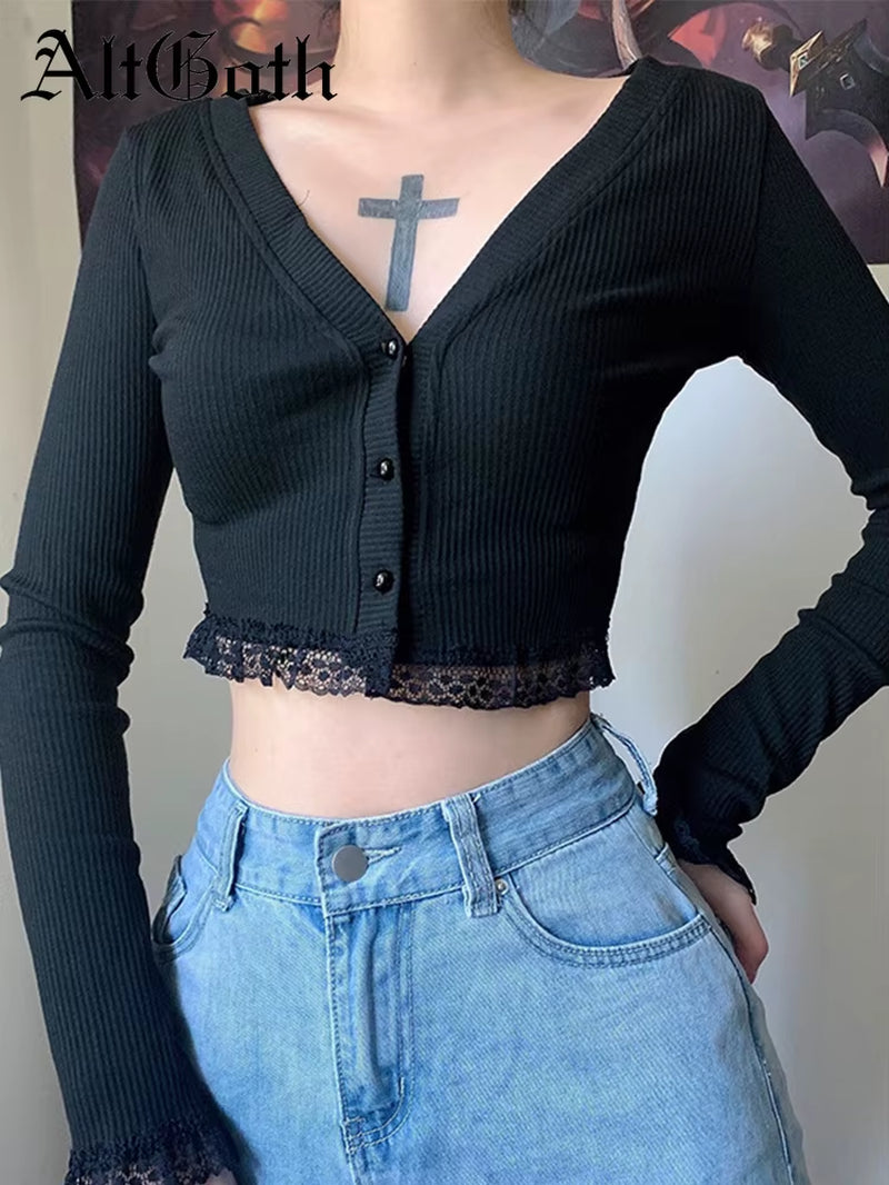 Gothic Dark Black Punk Sexy Lace Patchwork Knitted T-Shirt Women Long Sleeve V-Neck Slim Street Bottom Cardigan Female