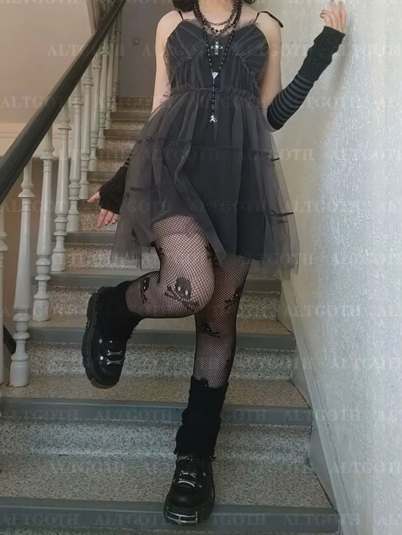 Y2K Gothic Mesh Dress Women Fairycore Grunge Streetwear Sexy Spaghetti Strap High Waist A-Line Dress Soft Goth Outfits