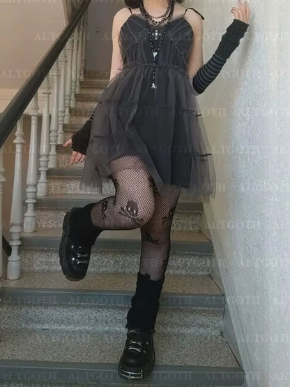Y2K Gothic Mesh Dress Women Fairycore Grunge Streetwear Sexy Spaghetti Strap High Waist A-Line Dress Soft Goth Outfits