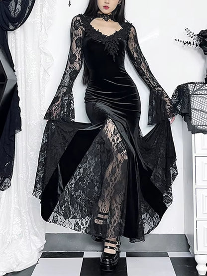 Aesthetic Gothic Midi Dress Women Vintage Elagnt Lace Patchwork See through Flare Sleeve High Waist Clubwear Dress Femme