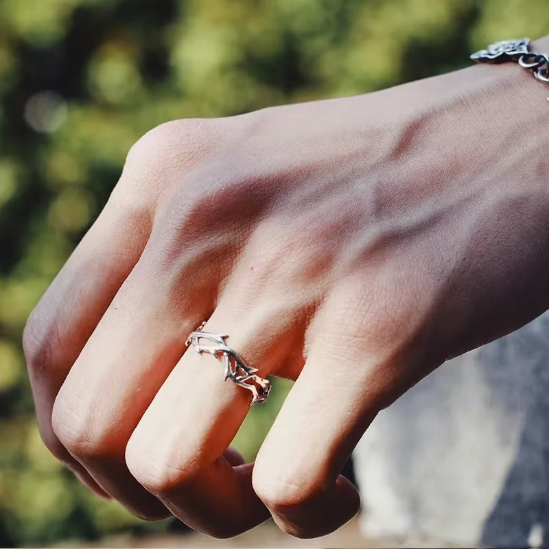 Vintage Goth Thorny Rose Couple Rings for Men Women Charm Irregularity Opening Stainless Steel Punk Finger Ring Jewelry Y2K Gift