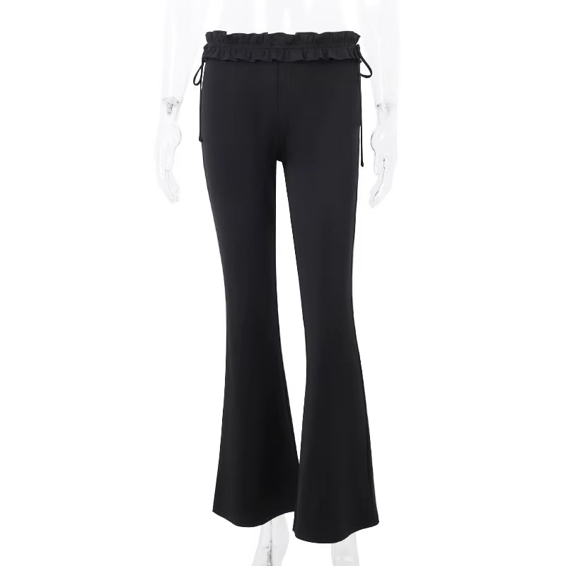 Y2K Ruffles Fairy Pant Sexy Women Pants Gothic Skinny Fashion Boot Cut Trousers Grunge Trim Bandage Streetwear Bottoms