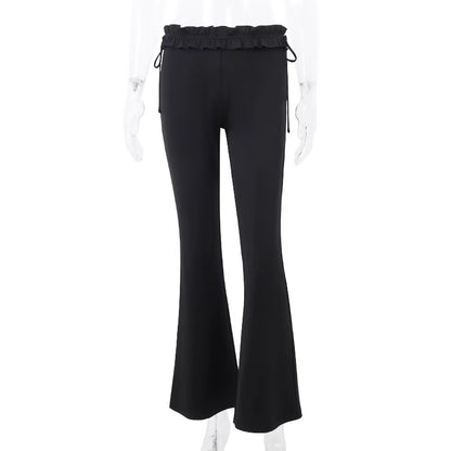 Y2K Ruffles Fairy Pant Sexy Women Pants Gothic Skinny Fashion Boot Cut Trousers Grunge Trim Bandage Streetwear Bottoms