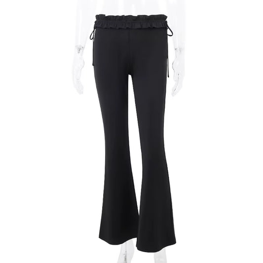 Y2K Ruffles Fairy Pant Sexy Women Pants Gothic Skinny Fashion Boot Cut Trousers Grunge Trim Bandage Streetwear Bottoms