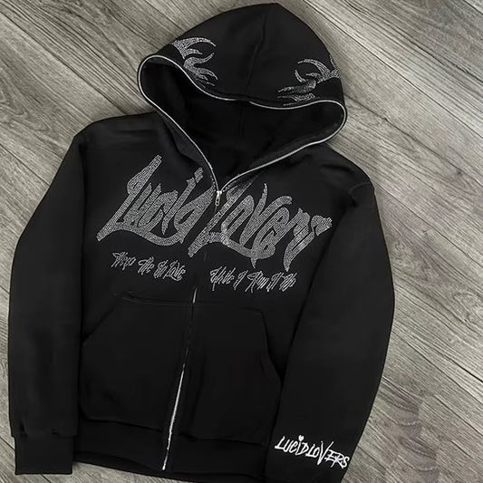 Y2K Jacket Men Hoodies Emo Zip Hoodie Rhinestone Pattern Goth Sweatshirt Sport Coat Pullover Gothic Long Sleeve Oversized Hoodie