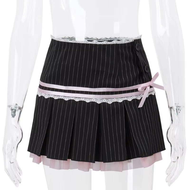 Harajuku Y2K Kwaii Lace Trim Mini Skirts Gothic Cutecore Bow Striped Pleated Skirt Low Waist Color Match Party Bottoms
