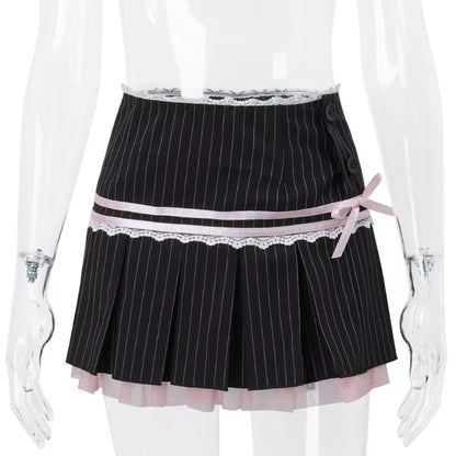 Harajuku Y2K Kwaii Lace Trim Mini Skirts Gothic Cutecore Bow Striped Pleated Skirt Low Waist Color Match Party Bottoms
