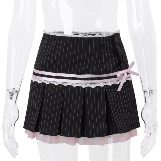 Harajuku Y2K Kwaii Lace Trim Mini Skirts Gothic Cutecore Bow Striped Pleated Skirt Low Waist Color Match Party Bottoms
