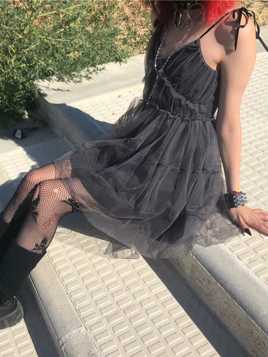 Fairycore Mesh Dress Women Mall Goth Y2K E-Girl Strapless High Waist A-Line Dress Harajuku Streetwear Emo Alt Clubwear