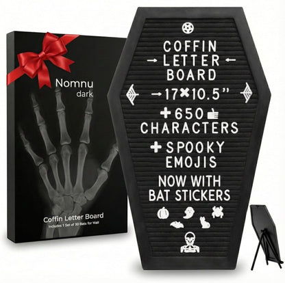 Coffin Letter Board Black +3D Bat Stickers +650 Characters, Spooky & Seasonal Emojis, Wooden Stand - 17X10.5 Inches - Coffin Shaped Goth Decor Sign Witchy Halloween Decorations Gothic Decor Birthday Wedding Home Spooky Gifts
