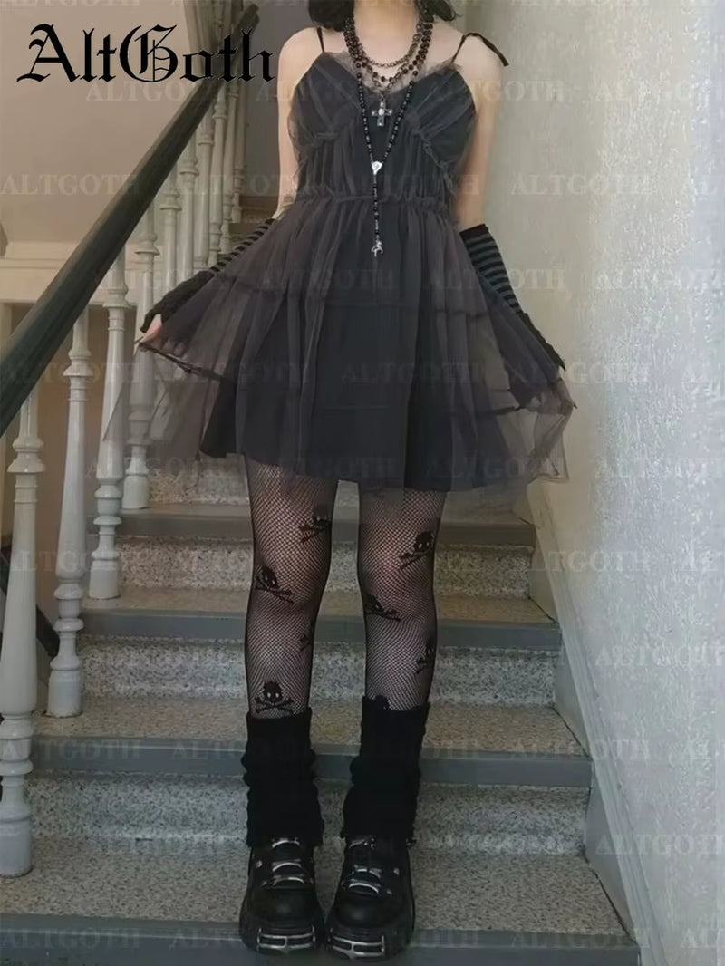 Y2K Gothic Mesh Dress Women Fairycore Grunge Streetwear Sexy Spaghetti Strap High Waist A-Line Dress Soft Goth Outfits