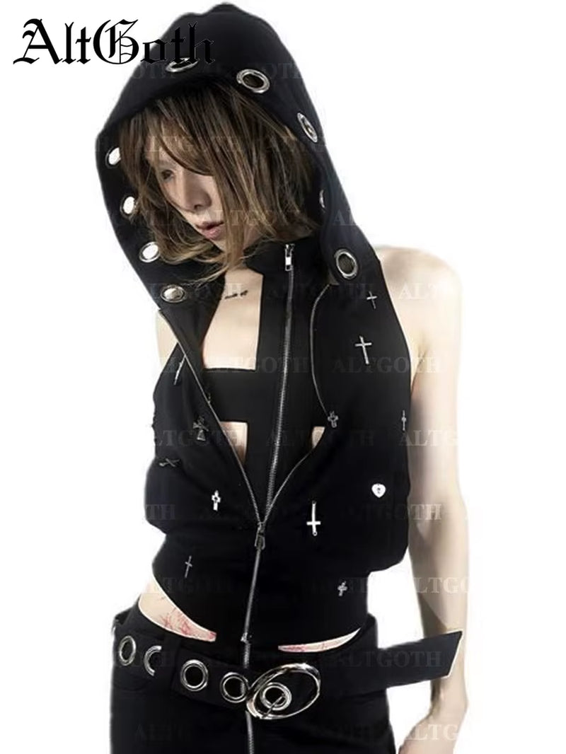 Streetwear Gothic Dark Vest Women Harajuku Y2K E-Girl Cyberpunk Cross Hooded Crop Tank Top Emo Alt Grunge Outfits Female
