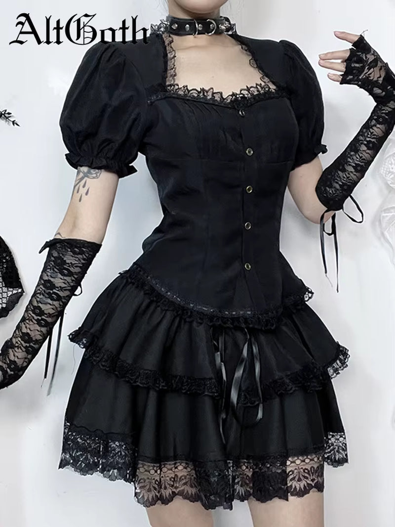 Vintage Gothic Lolita T-Shirt Women Streetwear Lace Patchwork Puff Sleeve Bandage Crop Tee Tops Elegant Cosplay Clothes