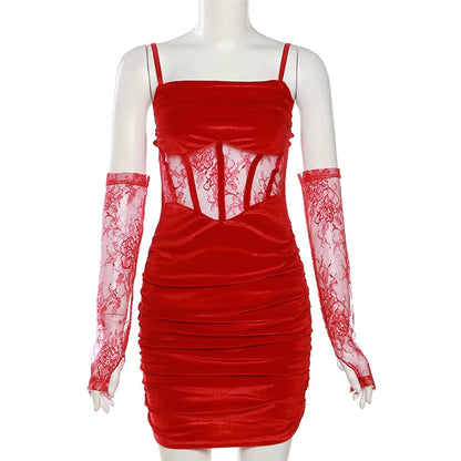 Velvet Y2K Ruched Elegant Corset Dresses Gothic Lace Patches Sheer Sling Party Dress Red Black Ladies Backless Clothes