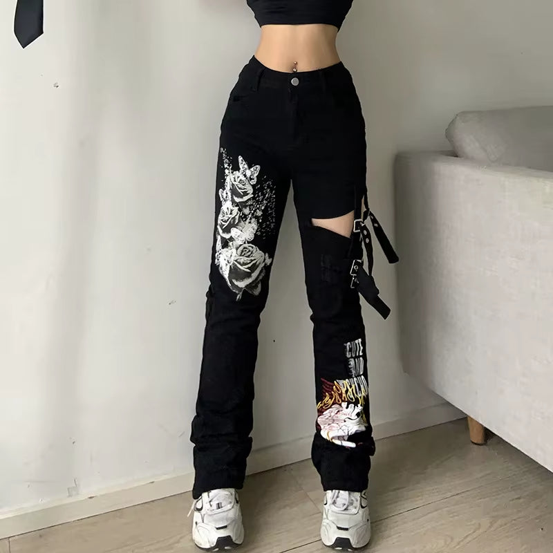 Gothic Emo Alt Cargo Pants Techwear Hippie Baggy Jeans Mom Goth Punk Black Denim Trousers Cyber Y2K Pants Academic Dark Clothes
