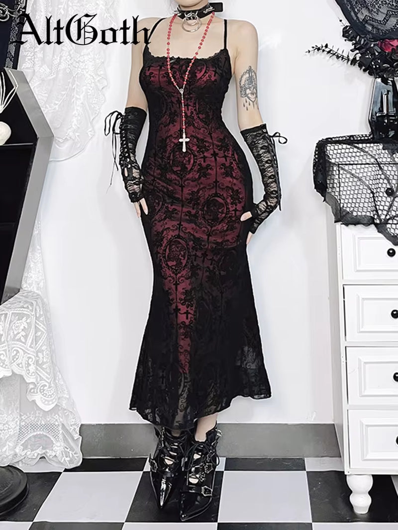Vintage Elegant Goth Dress Women Sexy Streetwear Fairy Grunge Aesthetic Cross Pattern Spaghetti Strap Party Dress Female