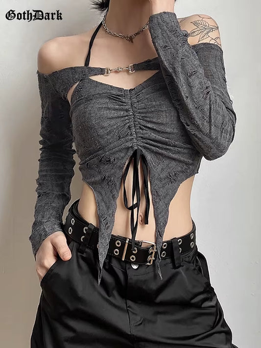 Vintage Mall Gothic Drawstring Women T-Shirts 2 Piece Set Y2K Retro Fairy Grunge Camisole Long Sleeve Buckle Crop Tops