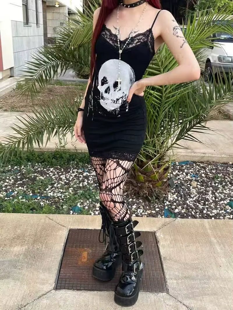Cyber Punk Gothic Dress Women Streetwear Harajuku Skull Printed Sleeveless High Waist Bodycon Dress Grunge Rave Outfits