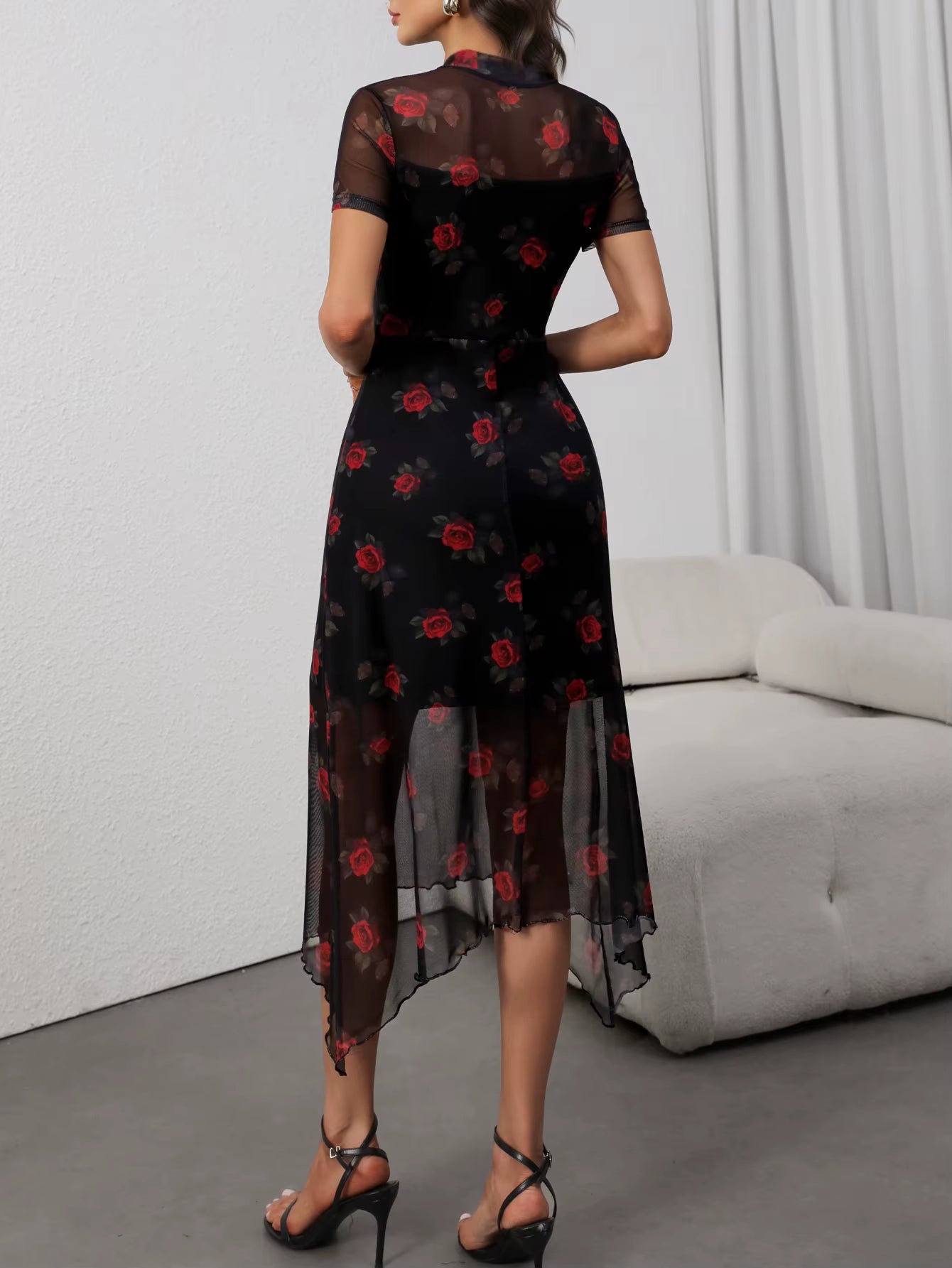 Elegant Fashion Florals Print Short Sleeve Mid Dress Fairy Grunge Mesh Patchwork Double Layer Dresses Gothic Techwear
