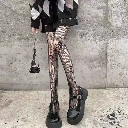 Goth Big Spider Pattern Silk Stockings Gothic Vintage Dark Fishnet Tights Women Emo Alternative Sexy Spider Web Witch Pantyhose
