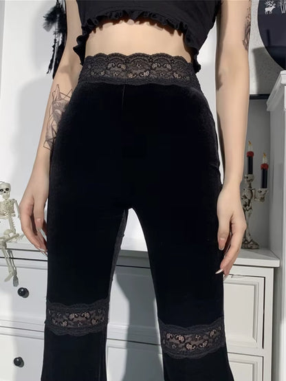 Harajuku Punk Gothic Flare Pants Women Grunge Street Vintage Mall Goth Lace Patchwork Hollow Out Dark Black Velvet Pants