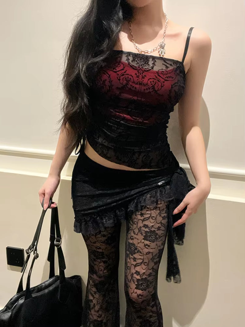 Fairy Grunge Gothic Flocking Camis Women Vintage Aesthetic Elegant Y2K Patchwork See through Irregular Hem Crop Tank Top