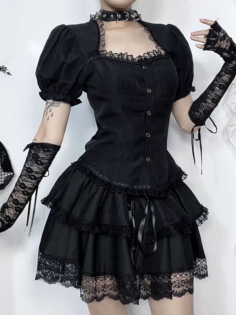 Vintage Gothic Lolita T-Shirt Women Streetwear Lace Patchwork Puff Sleeve Bandage Crop Tee Tops Elegant Cosplay Clothes