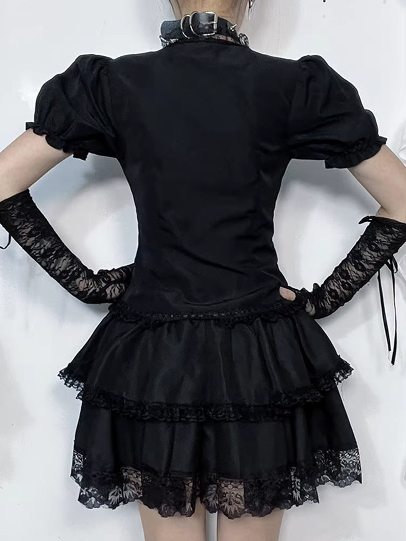 Vintage Gothic Lolita T-Shirt Women Streetwear Lace Patchwork Puff Sleeve Bandage Crop Tee Tops Elegant Cosplay Clothes