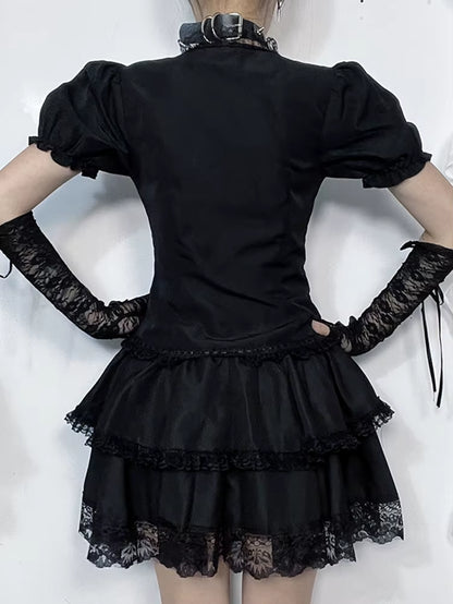 Vintage Gothic Lolita T-Shirt Women Streetwear Lace Patchwork Puff Sleeve Bandage Crop Tee Tops Elegant Cosplay Clothes