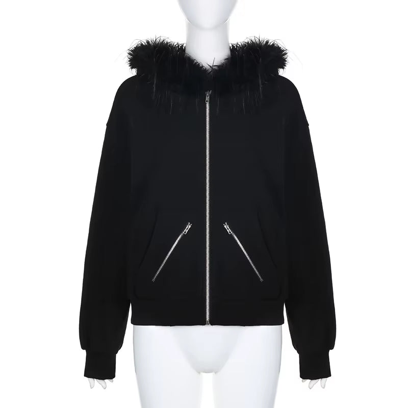 Faux Fur Collar Hooded Zip up Hoodies Gothic Grunge Pockets Autumn Black Jackets Female Y2K Streetwear Egirl Cardigans