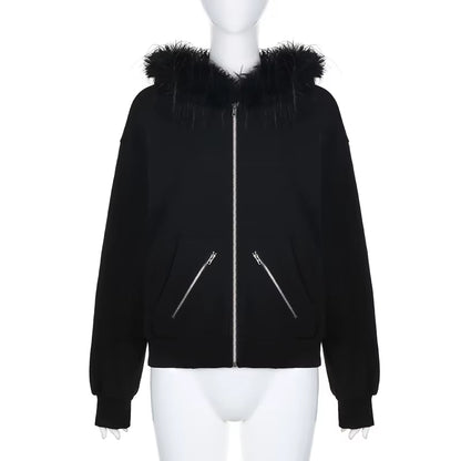 Faux Fur Collar Hooded Zip up Hoodies Gothic Grunge Pockets Autumn Black Jackets Female Y2K Streetwear Egirl Cardigans