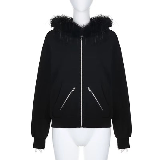 Faux Fur Collar Hooded Zip up Hoodies Gothic Grunge Pockets Autumn Black Jackets Female Y2K Streetwear Egirl Cardigans