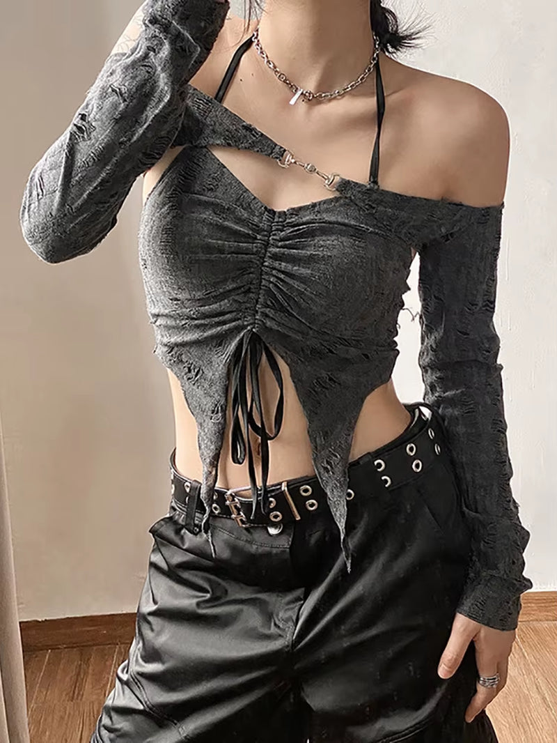 Vintage Mall Gothic Drawstring Women T-Shirts 2 Piece Set Y2K Retro Fairy Grunge Camisole Long Sleeve Buckle Crop Tops
