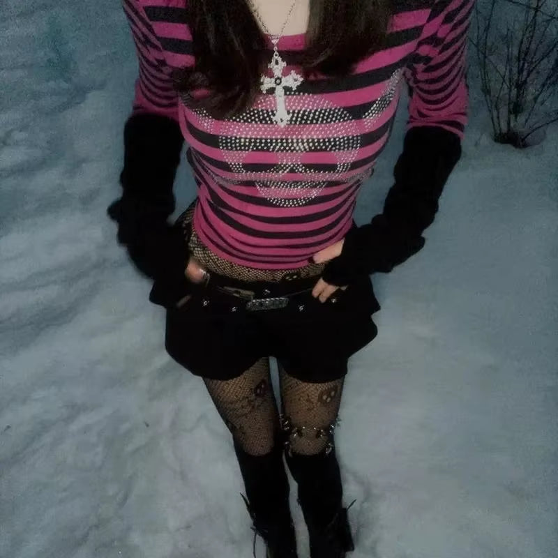 2000S Rhinestones Skull Print Grunge Y2K Clothes Aesthetic T-Shirt Crop Top Vintage Stripe Emo Full Sleeve Harajuku Slim Fit Tee