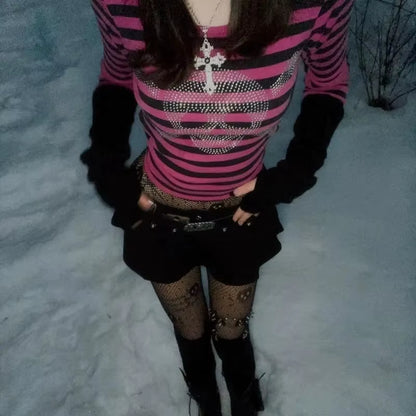 2000S Rhinestones Skull Print Grunge Y2K Clothes Aesthetic T-Shirt Crop Top Vintage Stripe Emo Full Sleeve Harajuku Slim Fit Tee