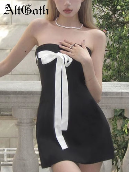 Mall Goth Aesthetic Black Dress Women Coquette Hotsweet Bow Patchwork Strapless High Waist Bodycon Party Dress Female